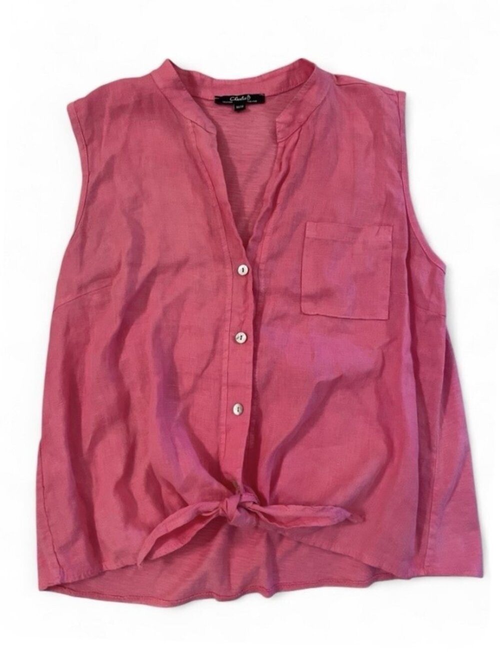 Italian Linen Hot Pink Tie Front Top Sleeveless Button Down Blouse Tank Resort M